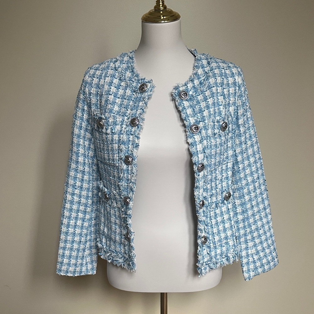 NIWIY Blue White Tweed Bouclé Blazer Jacket Size M